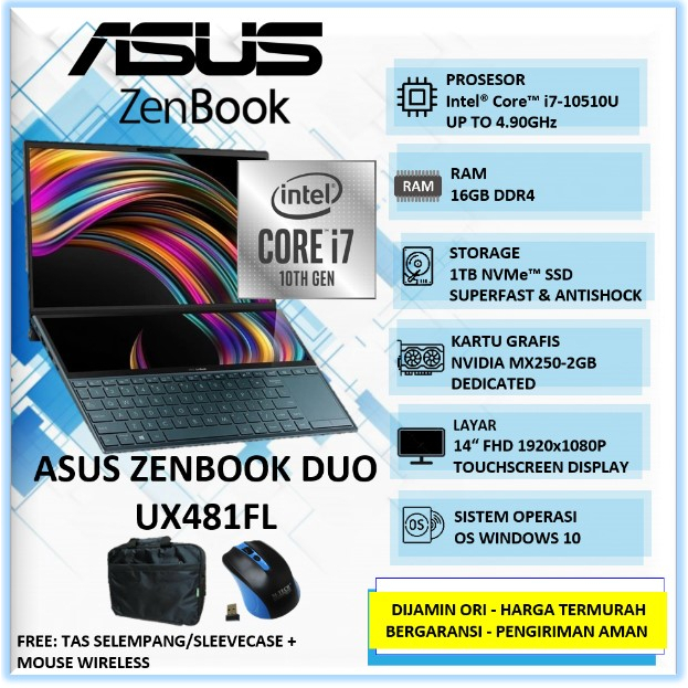 Laptop Asus Zenbook Duo UX481FL Intel Core i7 Ram 16GB SSD 1TB 14" FHD Touchscreen Windows 10 Pro