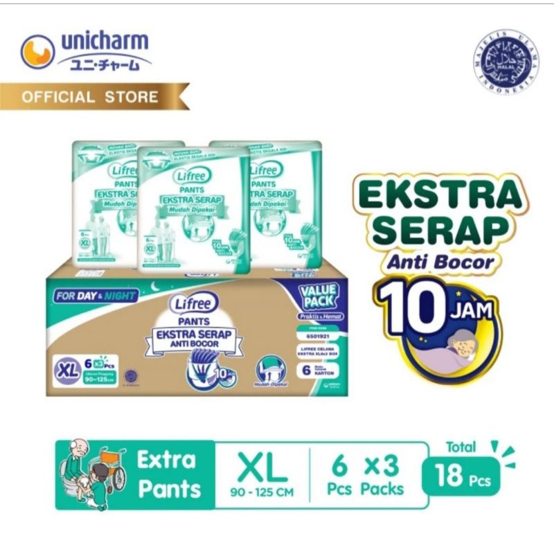 Lifree popok dewasa celana ekstra serap M10 / L8 / XL6 kemasan putih 1 Dus isi 3 pack / celana M / L / XL