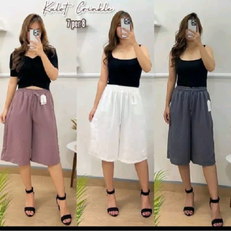 Celana Kulot 7/8 Crinkle Airflow Premium Jumbo Tali Serut Kulot Pendek Wanita Santai Celana Wanita D
