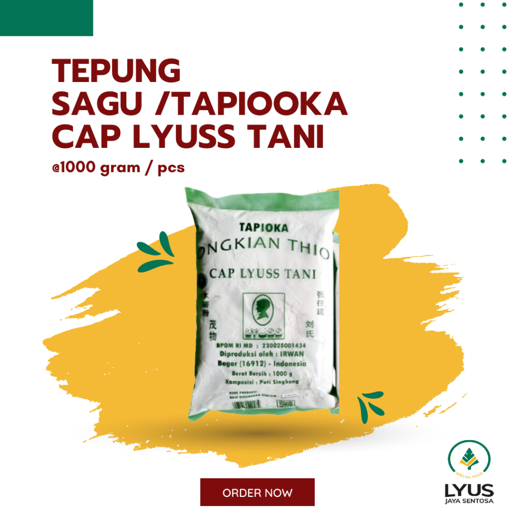 

Tepung Sagu Tapioka Ongkian Thio Cap Lyuss Tani @1000g (kemasan)