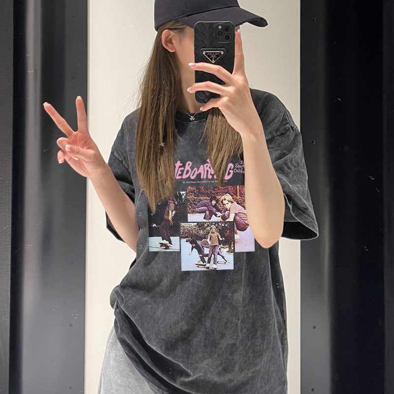 Print Washed T-shirt Kaos Lengan Pendek Oversize Retro Skateboard Boy Korean Style Atasan Wanita