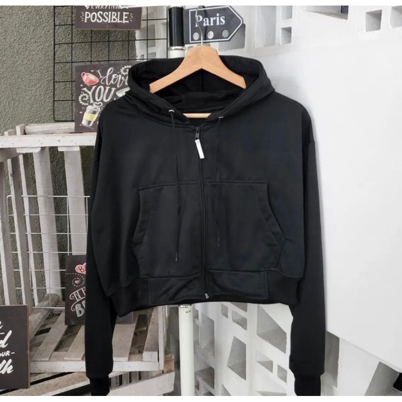 JAKET CROOPE HOODIE ZIPPER OVERSIZE - SWEATER OMERA CROPE WANITA