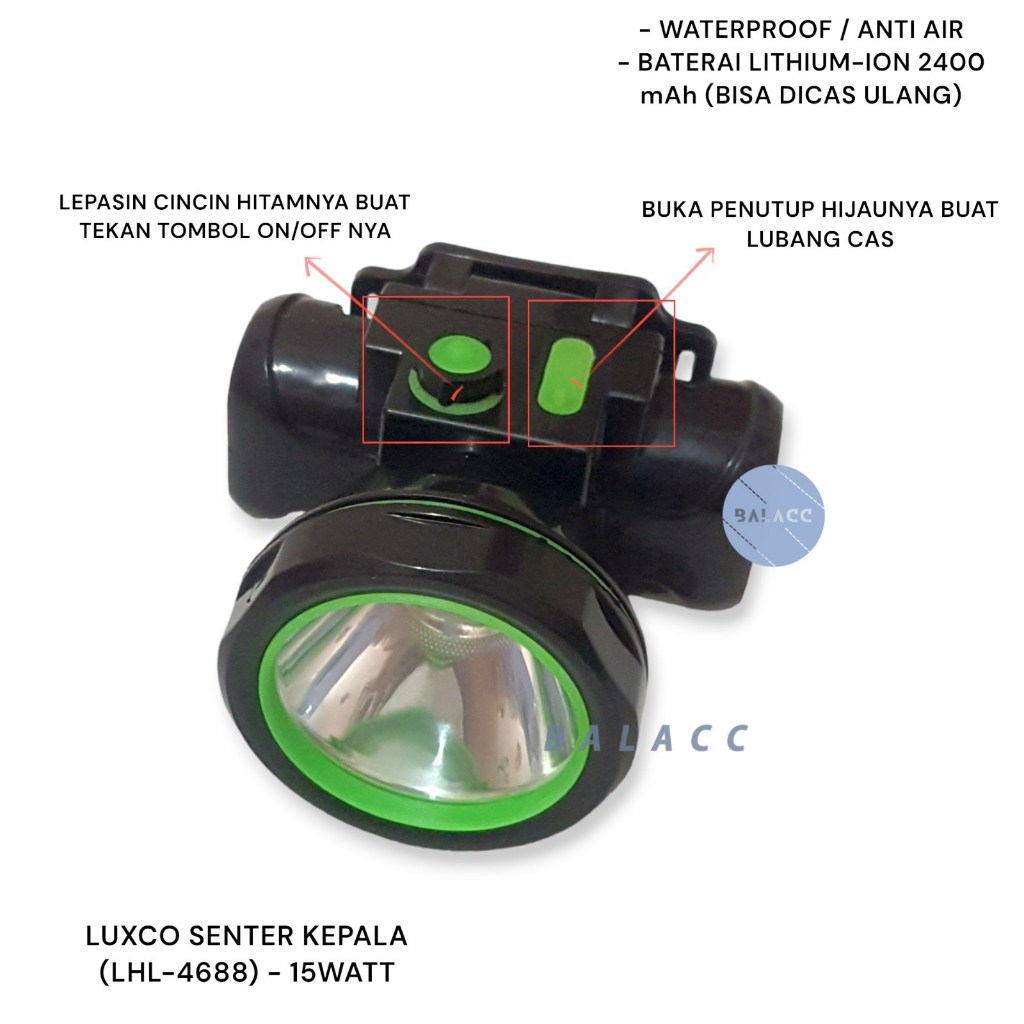 SENTER KEPALA LUXCO SUPER TERANG &amp; ANTI AIR Original Headlamp 15 Watt LHL-4688 FREE CHARGER HIKING, CAMPING