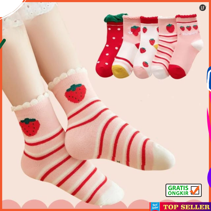 Kaos Kaki Anak Perempuan Sekolah TK SD Motif Pink Buah Strawberry Fashion Cewek Korea Socks Kids J8