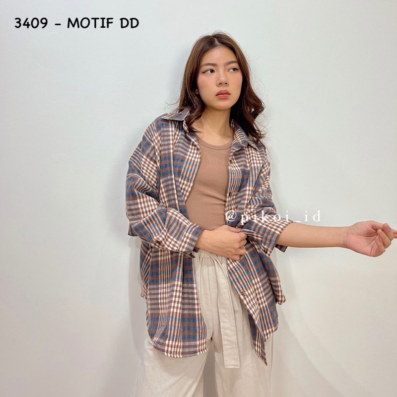 Baju oversize wanita kotak kotak / Loose Top Flanel / kemeja oversized ruffle flanel tartan hem 3409