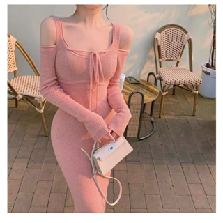 【Premium】Dress Midi Solid Color Long Sleeve knit Bodycon Dress 7549