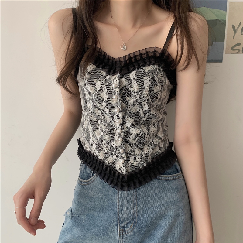 XiaoZhaiNv Tank Top Wanita Korean Style Renda Bordir Crop Top Sexy 0775