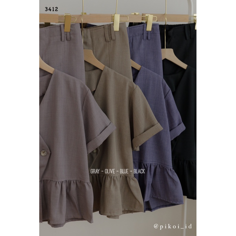 Setelan wanita katun celana pendek / set korea baju lengan pendek / ruffle top set pants / 3412