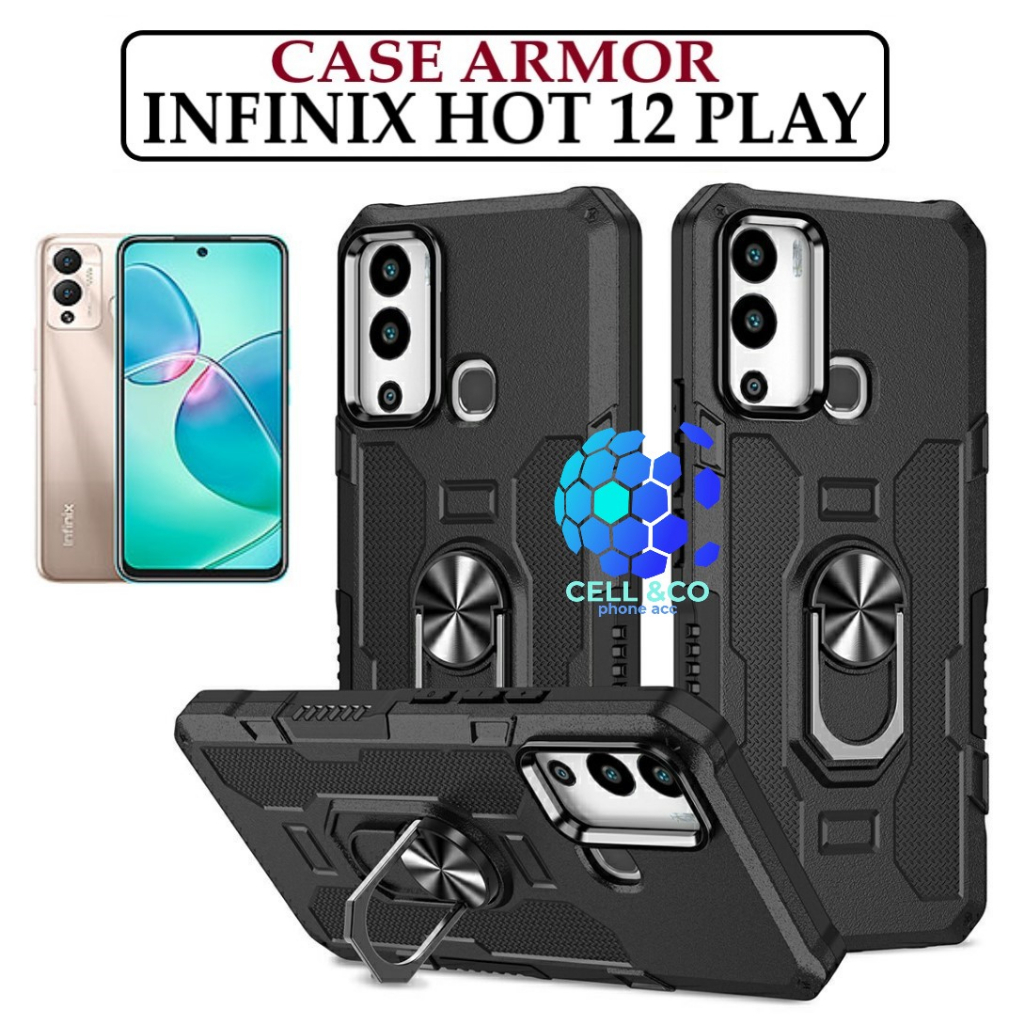 Case Armor INFINIX HOT 12 PLAY Iring Cincin Magnetic Kesing Hp Protect kamera Premium Hard Case Standing Robot Pelindung Kamera