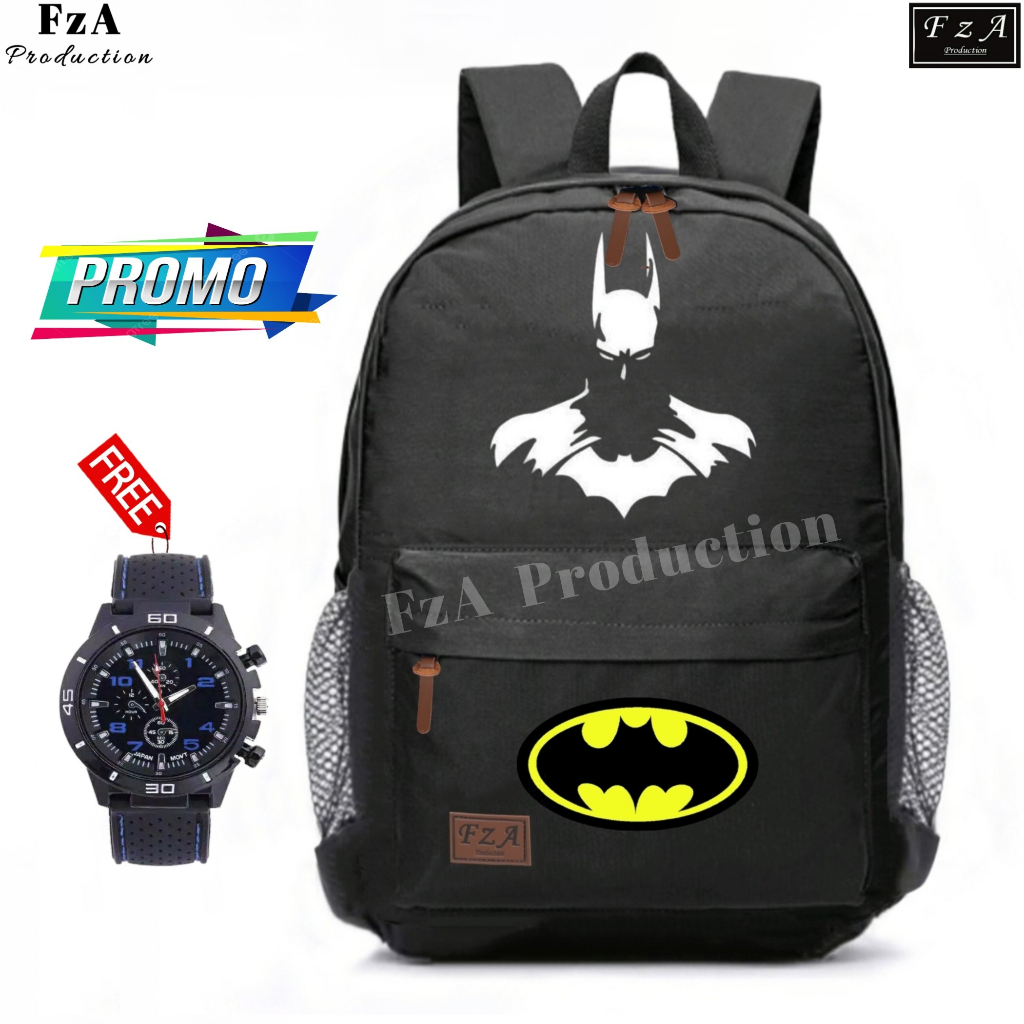 FzA Official -Tas Ransel anak laki laki - Tas Ransel Anak Sekolah - Tas Ransel Sekolah anak laki-laki anak perempuan Backpack Sekolah Anak [ High Quality ] - Batman Kids FREEE Jam Tangan Sport