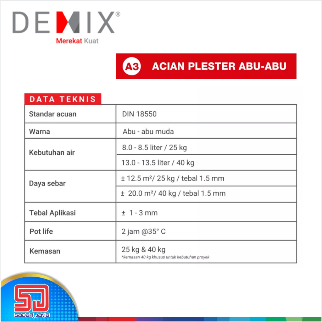 Semen Instan DEMIX A3 Acian Plester Abu-Abu Mortar Instant Cement Plesteran