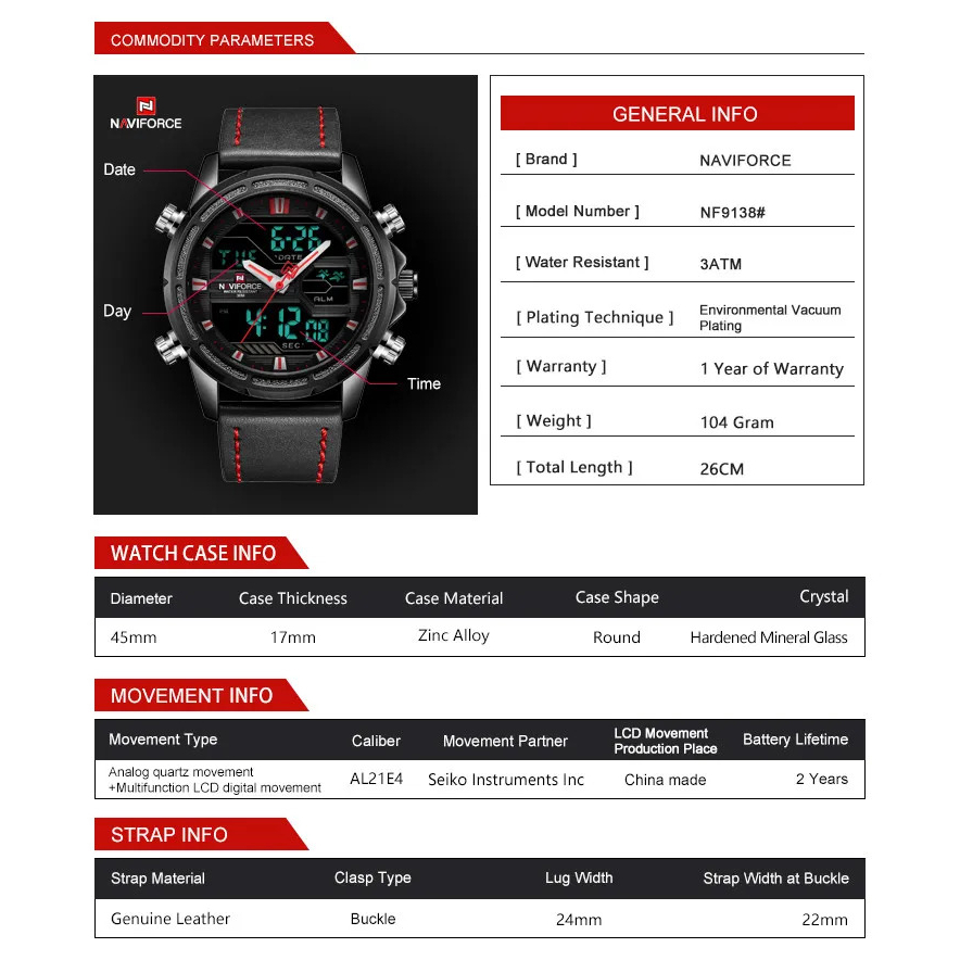 JAM TANGAN NAVIFORCE ORIGINAL NF-9138 TALI KULIT H160 DOUBLE TIME DM 4.5CM FREE BOX &amp; BATERAI || JAM TANGAN FASHION NAVIFORCE ORIGINAL PRIA