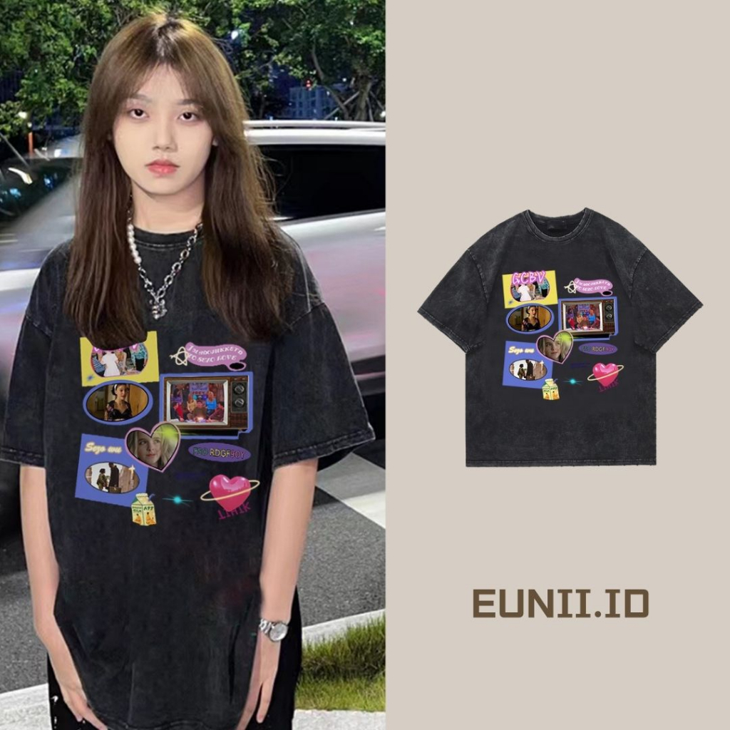 EUNII T-shirt Lengan Pendek Black Washed Vintage CD Printing Korean Style/Kaos Atasan Wanita/Baju Wanita