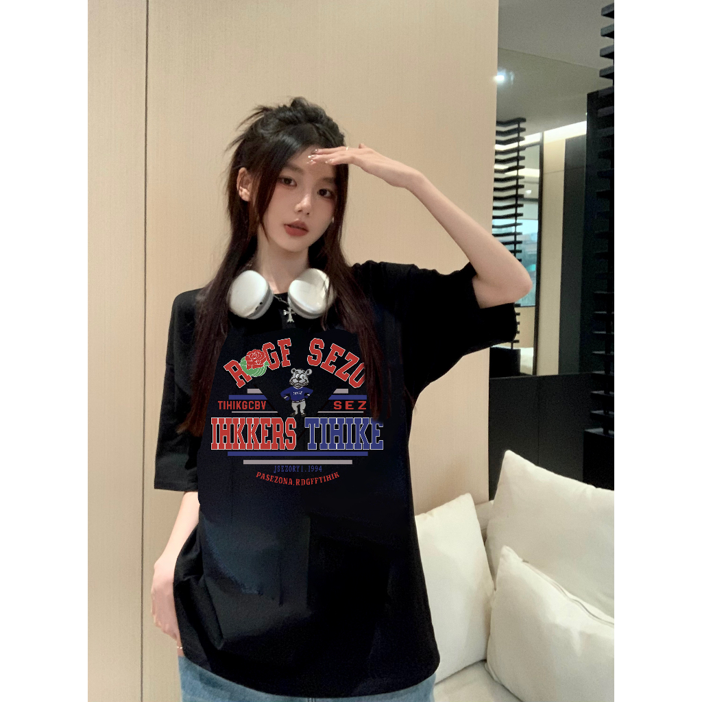 XiaoZhaiNv Kaos Atasan Wanita American Retro Pattern Lengan Pendek A0792