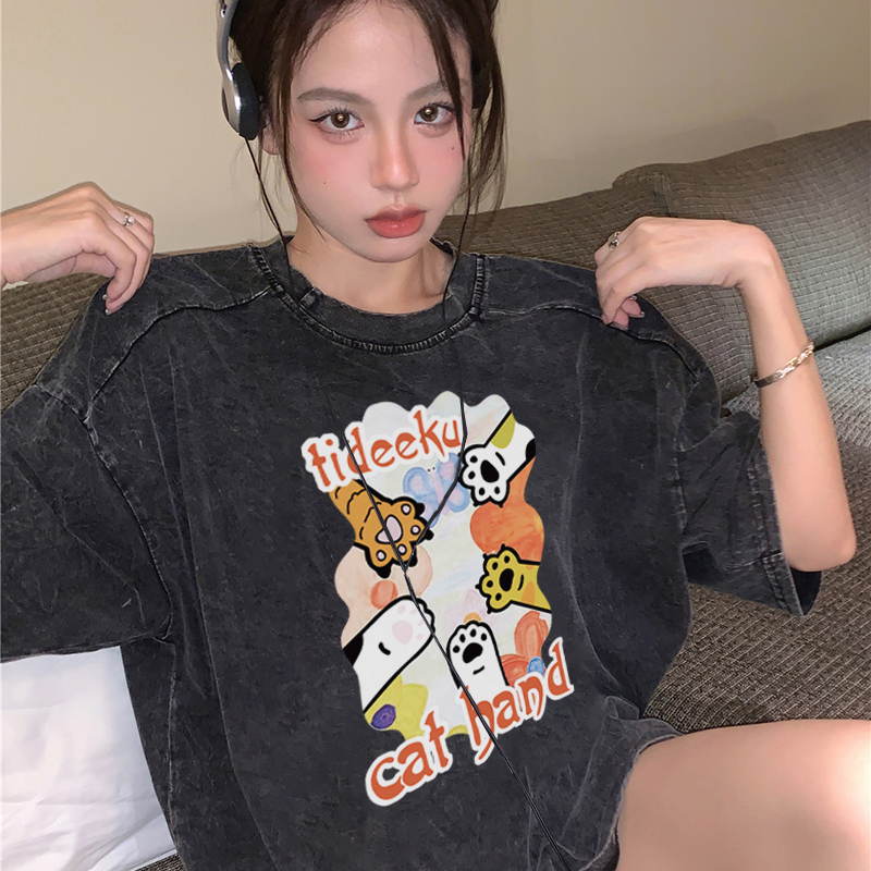 Print Washed T-shirt Kaos Lengan Pendek Oversize Cartoon Cat Paw Korean Style Atasan Wanita