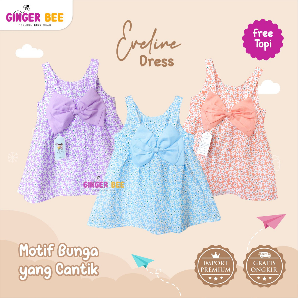 Evelyn Sleeveless Dress Motif Bunga Baju Pantai Anak Perempuan Free Topi By Gingerbee.id