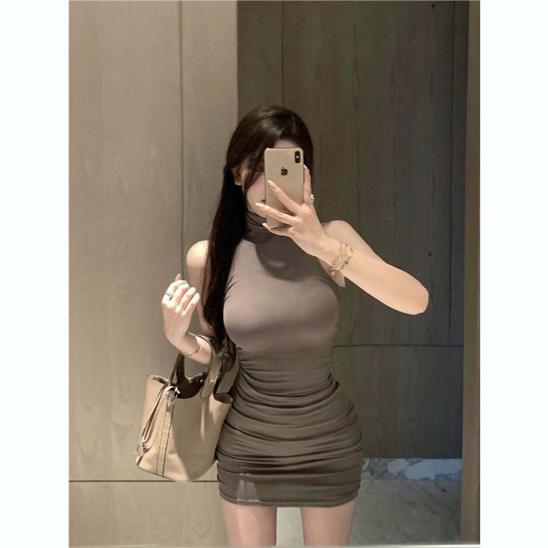 DR822 SPICY GIRLS' HIGH NECK SLEEVELESS DRESS FOR WOMEN'S SUMMER 2023 NEW PURE DESIRE INNER MATCHING WAIST CLOSING SLIM FIT SEXY WRAP HIP SKIRT