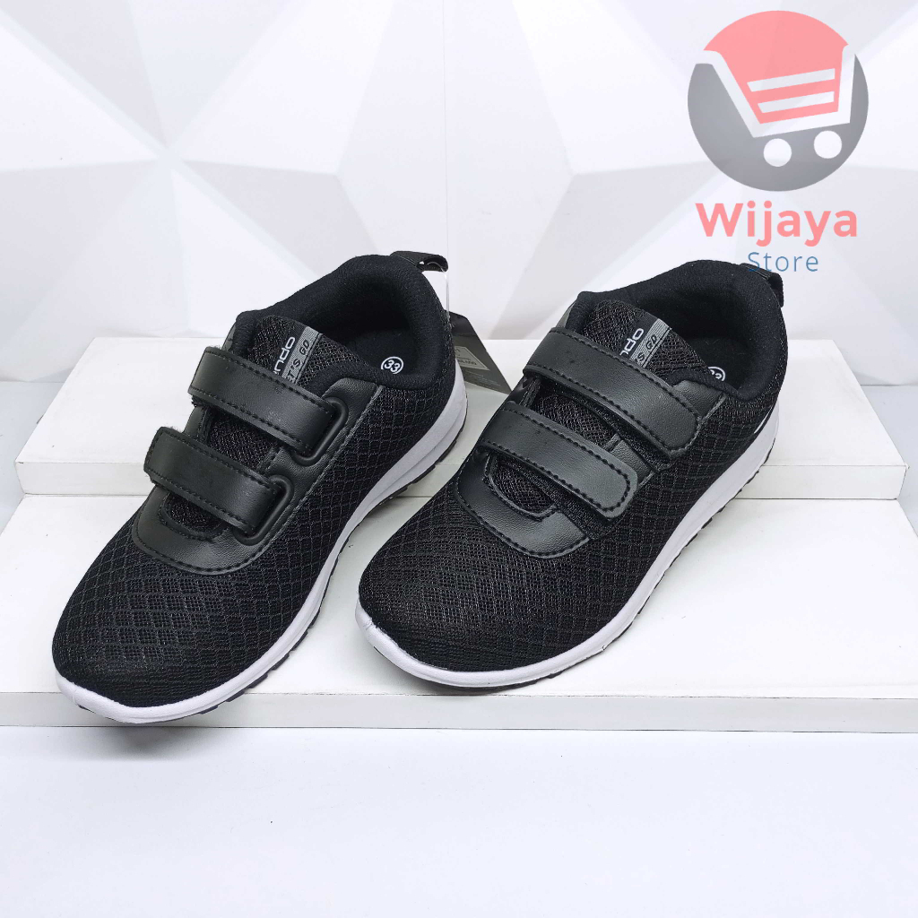 Sepatu Sekolah Ando 33-36 Sneaker Anak Hitam Polos Putih Strap Velcro yang Praktis SIP BSC