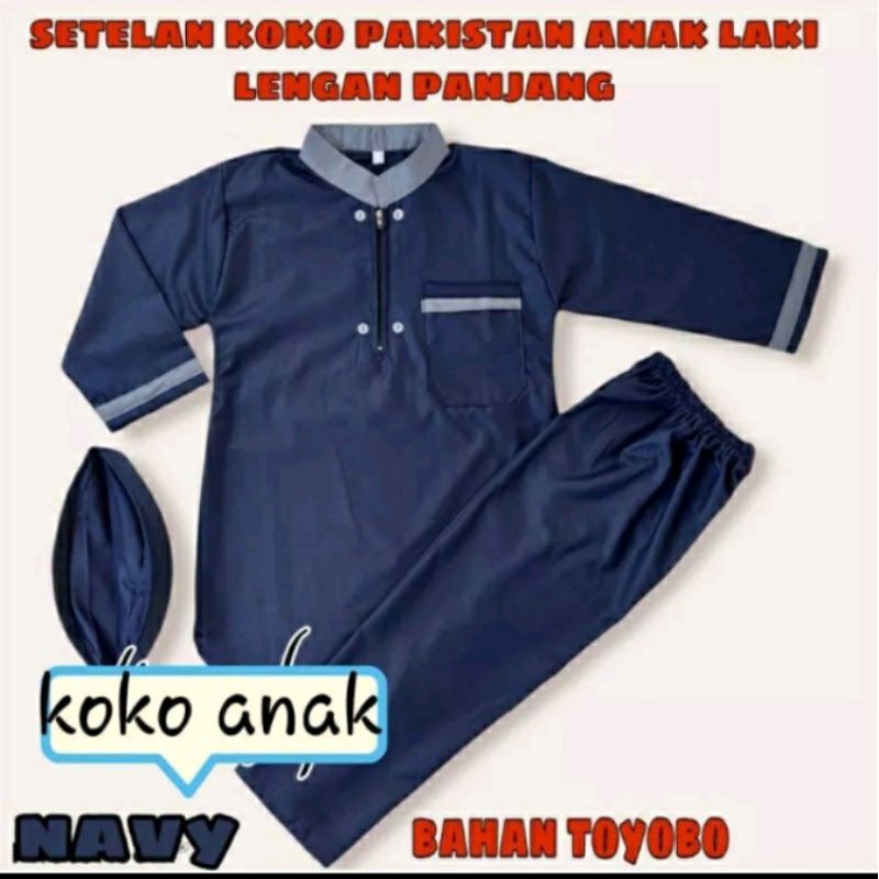 setelan Koko anak model Pakistan lengan panjang toyobo warna navy