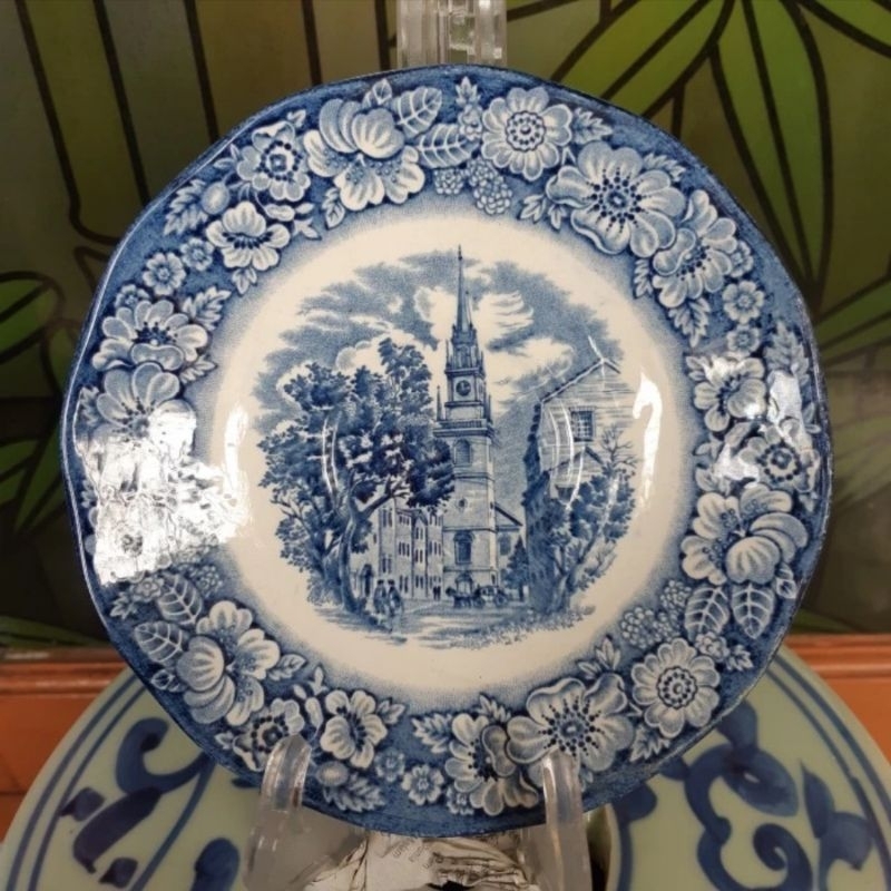 Piring Antik Porselain England Old North Church Liberty Blue