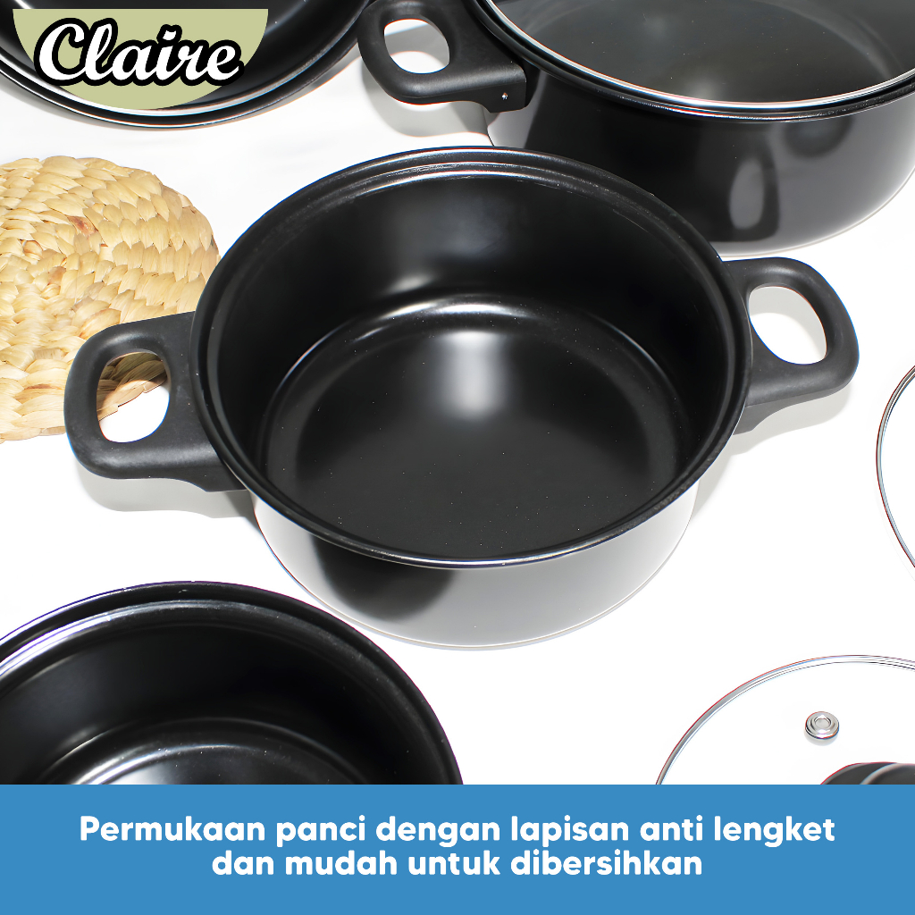 Panci Set 13 Pcs Hitam Anti Lengket Spatula 6 Pcs Penutup Kaca / Cookware Set Non-Stick