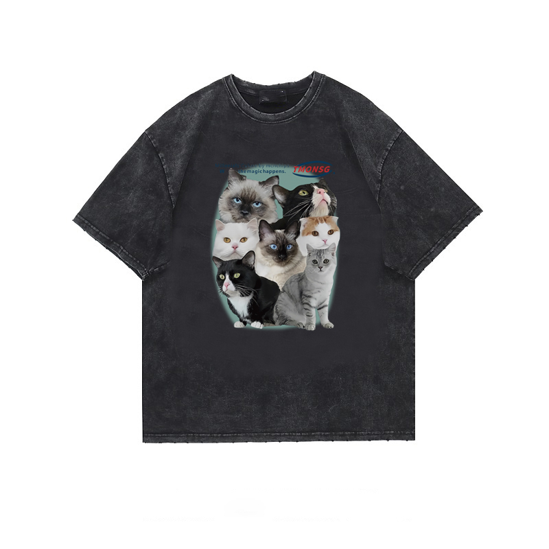 EUNII T-shirt Lengan Pendek Black Washed Cartoon Cat Printing Korean Style/Kaos Atasan Wanita/Baju Wanita/Kaos Wanita