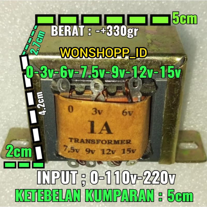 1A CT15v TRAVO TRAFO 1 ampere CT 3v 6v 7,5v 9v 12v 15v MURNI TEMBAGA ORI TRANSFORMER TRAPO