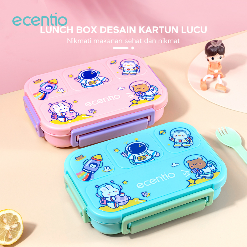 ecentio &amp; FOODI lunch box anak tempat makan set 4 sekat anti tumpah 1000ml cartoon/BPA free/Free Sendok