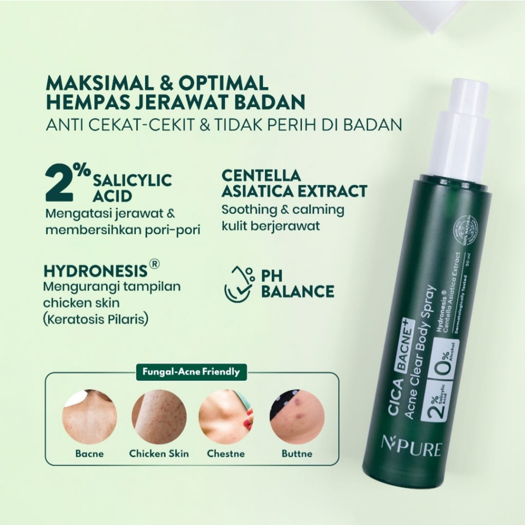 ✨ AKU MURAH ✨ NPURE Cica Bacne Acne Body Spray /Jerawat Punggung &amp; Badan Salicylic Acid 2% Aman Kulit Sensitif 50 ML