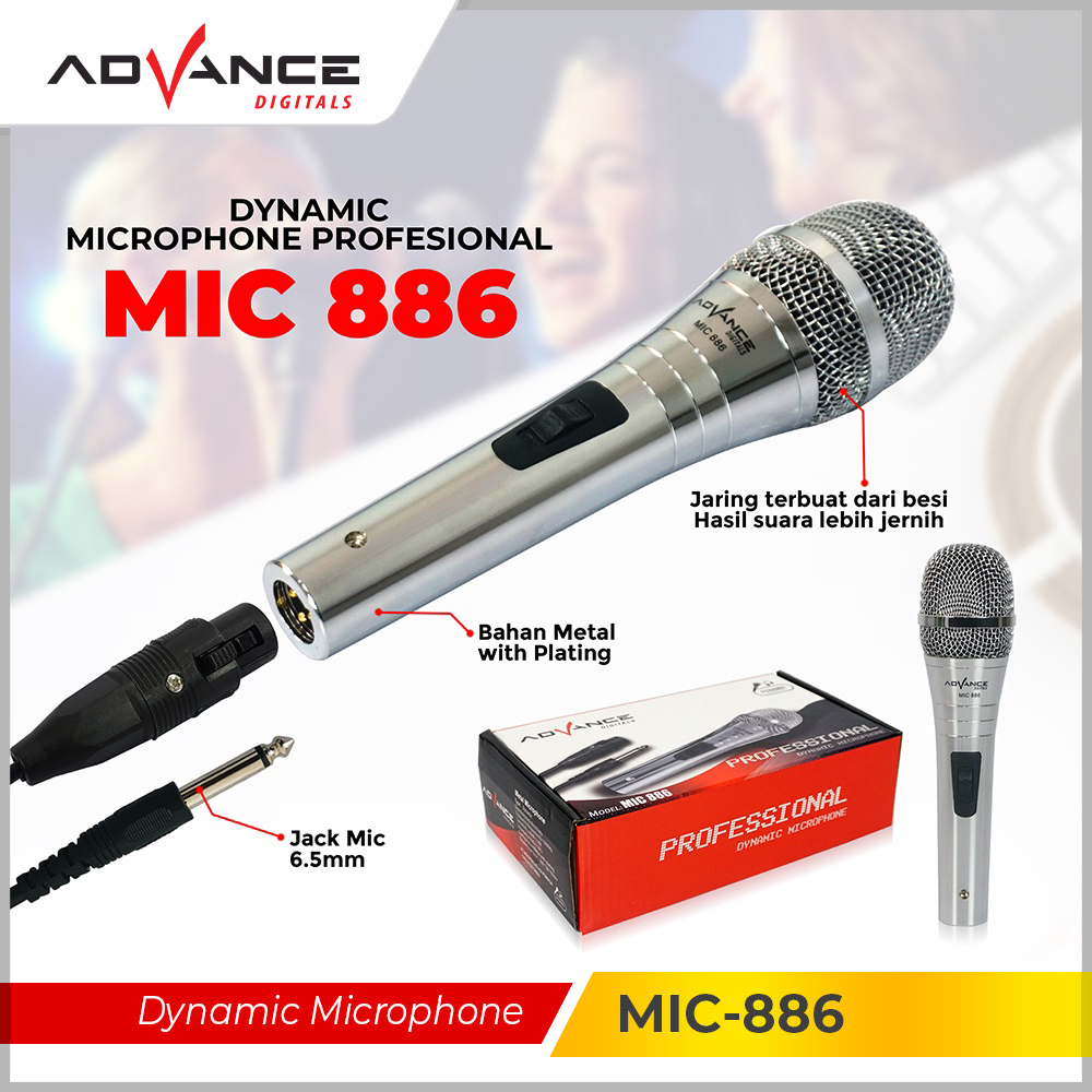 ADVANCE Microphone Profesional Dynamic Silver MIC-886 Mic Karaoke