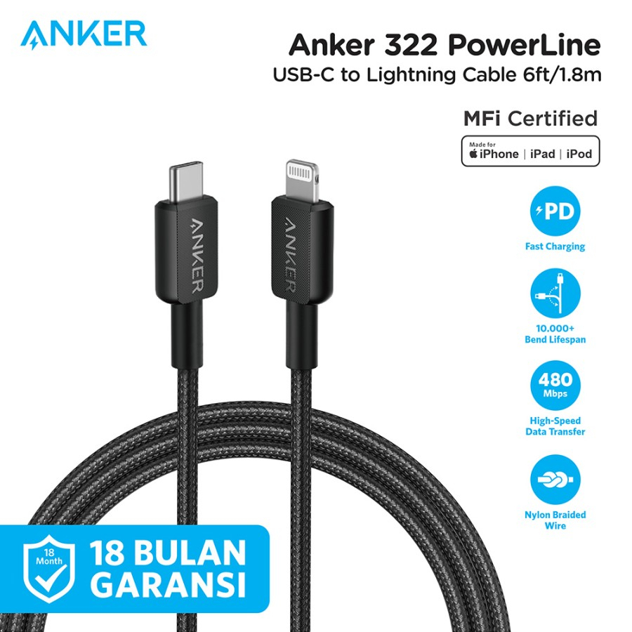 Kabel Charger Anker 322 USB-C to Lightning Cable 3ft - A81B5 - Hitam