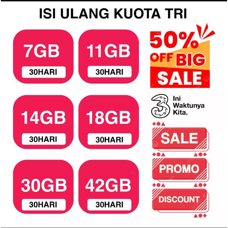 Kuota Tri  Bulanan 100GB / 150GB  DLL