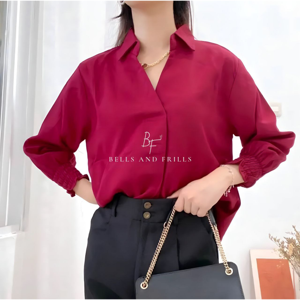 KARA V-Neck Blouse with Collar / Atasan Wanita Kantor Casual Lengan Karet 0319-151