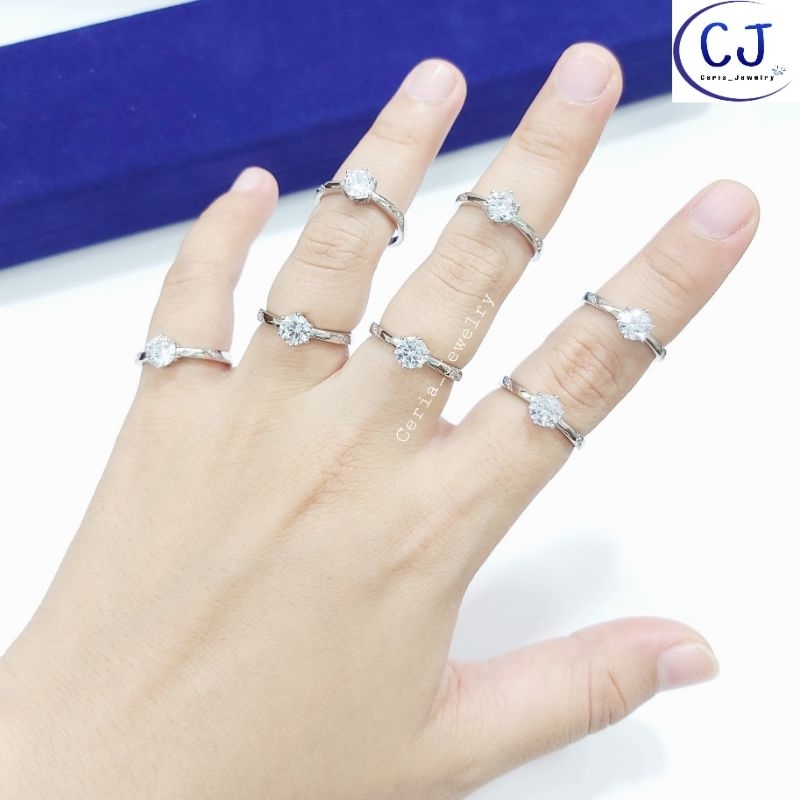 Cincin Perak Asli 925 Lapis Emas Putih Model Soliter Permata Putih Dan Permata Biru - Perhiasan Perak Asli