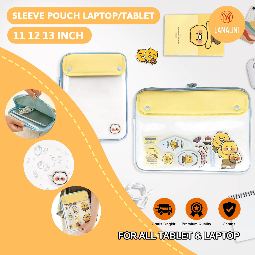 Sleeve Pouch Sarung Tas Bag Case Ipad Tab Tablet Macbook Air Pro Laptop Asus Acer Lenovo HP Huawei 11 12 13 14 15 inch Motif Gambar Kartun Cartoon Kakao Warna Biru Soft Blue Kuning Cute Lucu Murah Transparan Mika Waterproof Korean Model  Shockproof