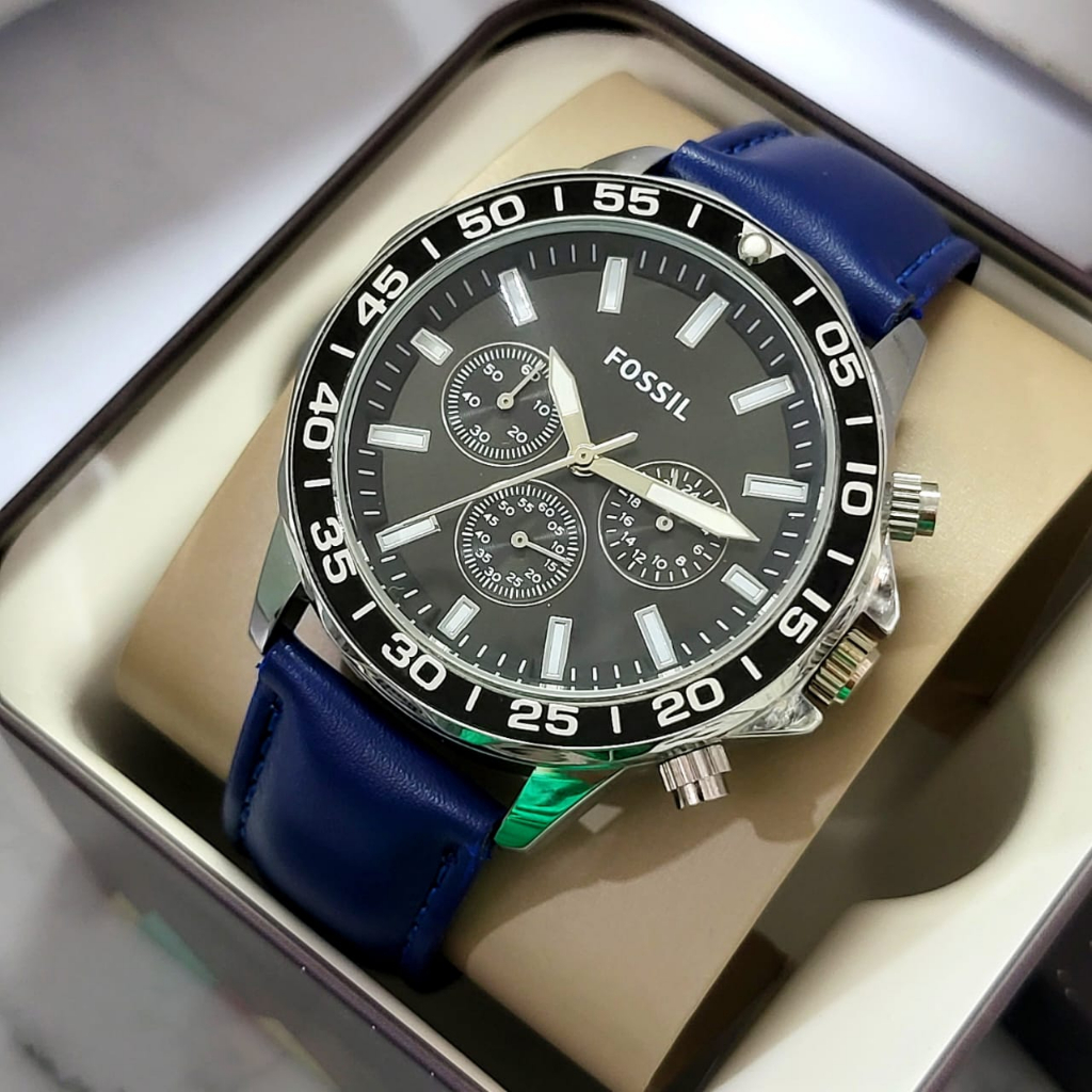 JAM TANGAN FS PRIA D175 TALI KULIT CHRONO AKTIF DM 4.5CM FREE BOX &amp; BATERAI || JAM TANGAN FASHION FS PRIA