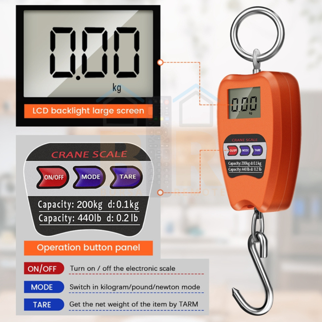 Timbangan Gantung Digital 200Kg/440Lb Led Lcd Kait Hook Mini Crane Hanging Scale Untuk Barang Ayam Buah Sayur