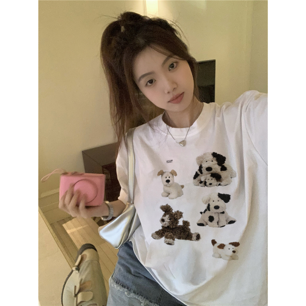 EUNII T-shirt Lengan Pendek Cartoon Cow Dog Printing Korean Style/Kaos Atasan Wanita/Baju Wanita/Kaos Wanita