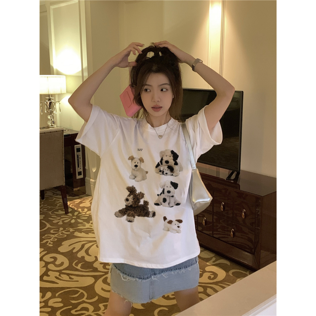 EUNII T-shirt Lengan Pendek Cartoon Cow Dog Printing Korean Style/Kaos Atasan Wanita/Baju Wanita/Kaos Wanita