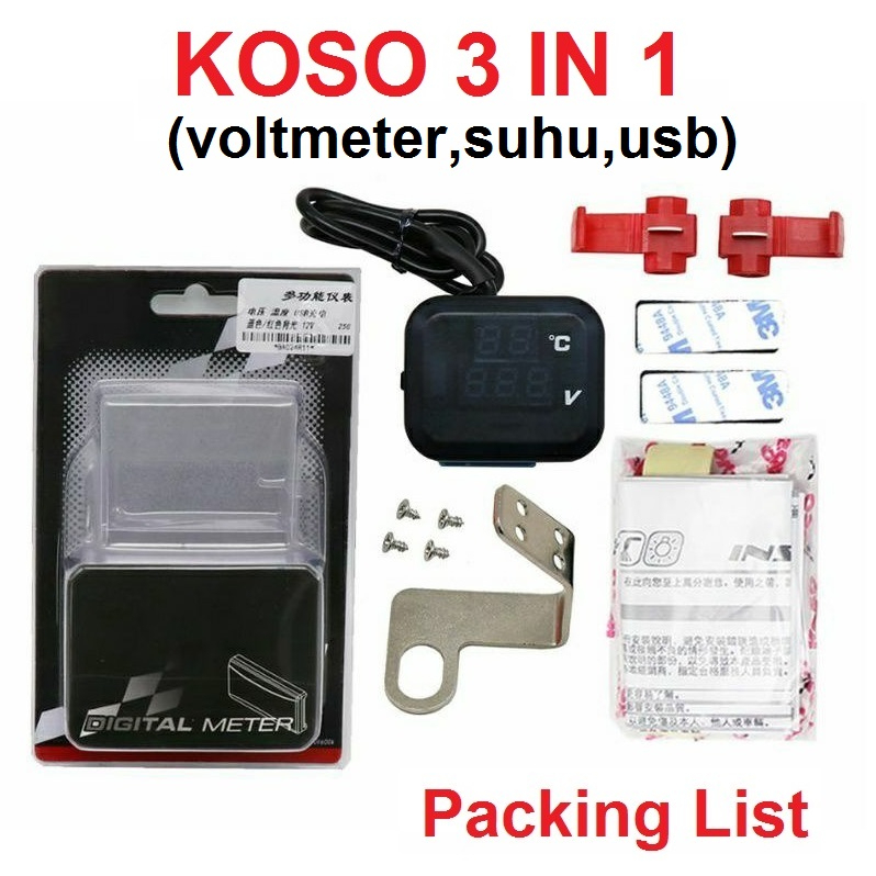 Voltmeter Koso 3 In 1 USB Charger Universal SEMUA MOTOR Anti Air Original Termometer Digital Jam Suhu Tegangan Aki Vario Pcx Ninja Cbr Vixion Scoopy Cb Gl Rx King R25