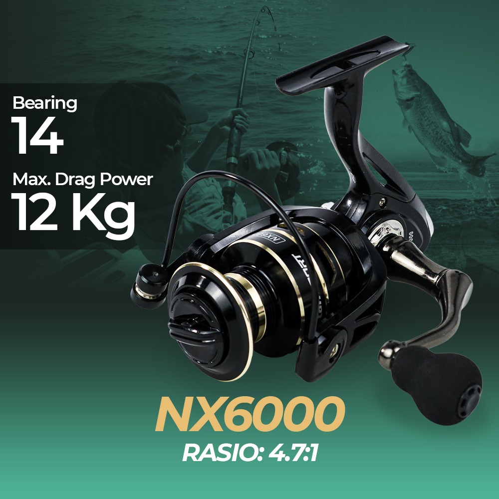 TaffSPORT Metal Reel Pancing Spinning Fishing Reel 4.7:1 - NX6000 - Black