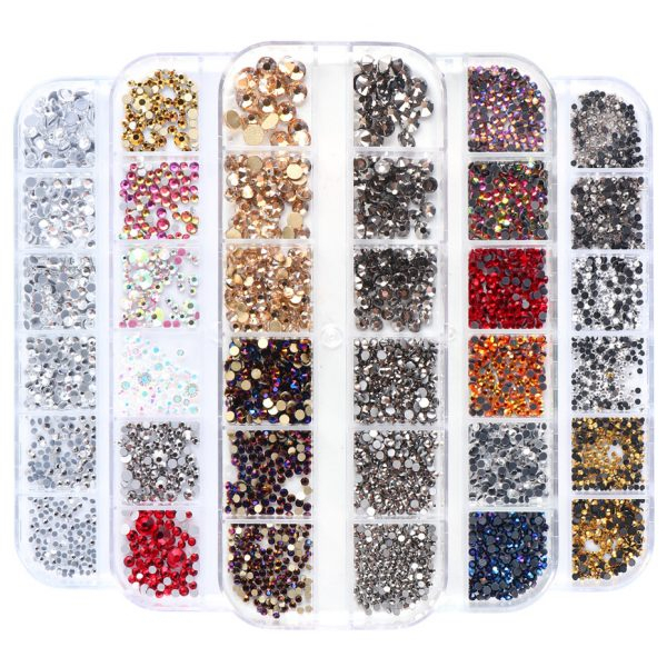 12 Grid Box Rhinestones Kristal Half Pearl Beads Rivet Mix Wheel Nail Art Mutiara Manik-manik Craft Kosmetik Hiasan Kuku Eye Korean Make Up Handphone Decorations Wedding Party Cosplay Gems Bead Putih Pink SIlver Gold Hena Henna Gems Beads