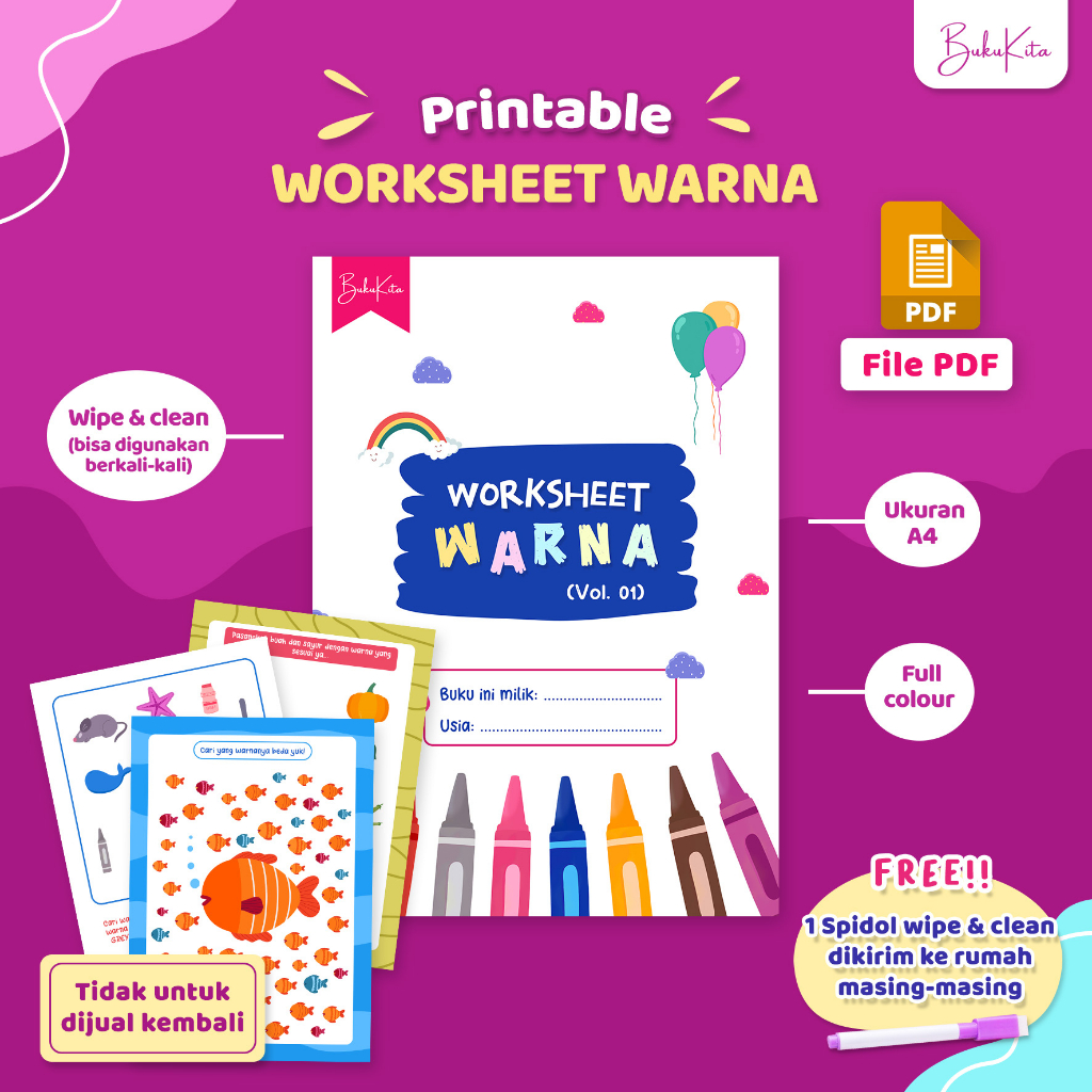 Worksheet Warna PDF Bisa dicetak berkali-kali