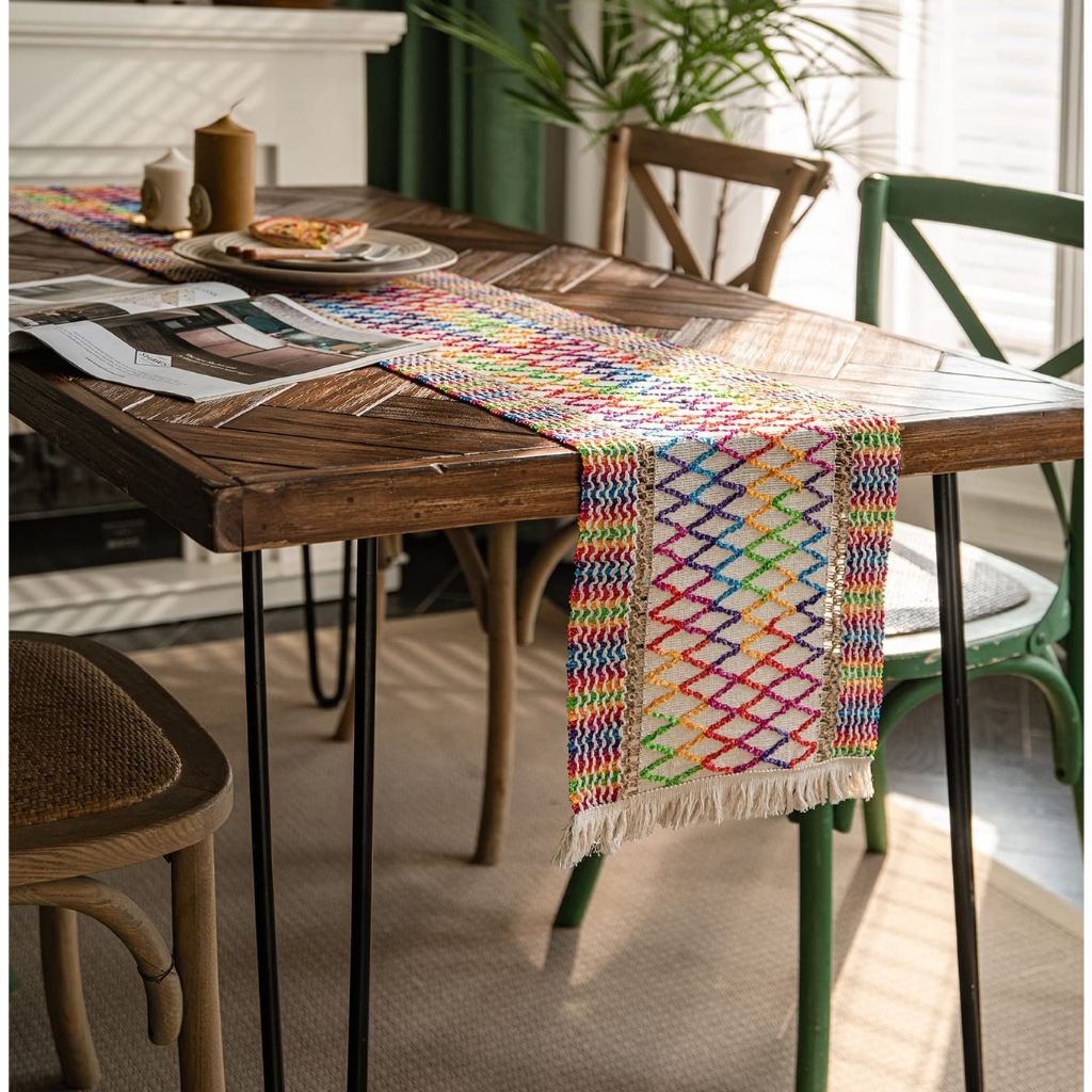 Table Runner Meja Makan Table Runner Premium Rajut Rainbow Strip
