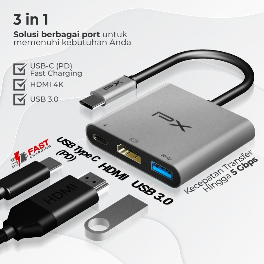 PX UCH03 Converter Hub Adapter 3 in 1 4K USB Type C 3.1 USB HDMI