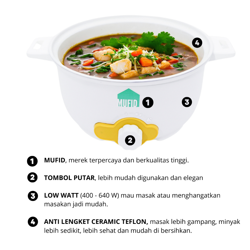 Panci Listrik Pot Portable Hemat Listrik  Anti-Lengket &amp; Multifungsi Keramik Steamer Stainless Steel - Mufid