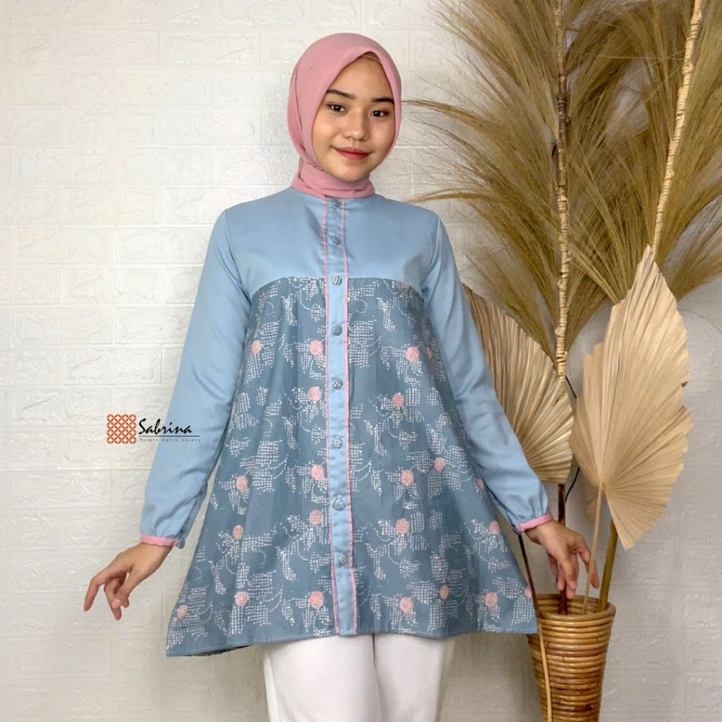 KRESA Blouse Atasan Batik Kerja Kantor Wanita Cantik Modis Modern Kekinian Bluegrey Pastel Cap Katun