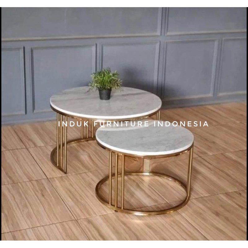 MEJA COFFEE BULAT BESI MARMER ASLI CREAM