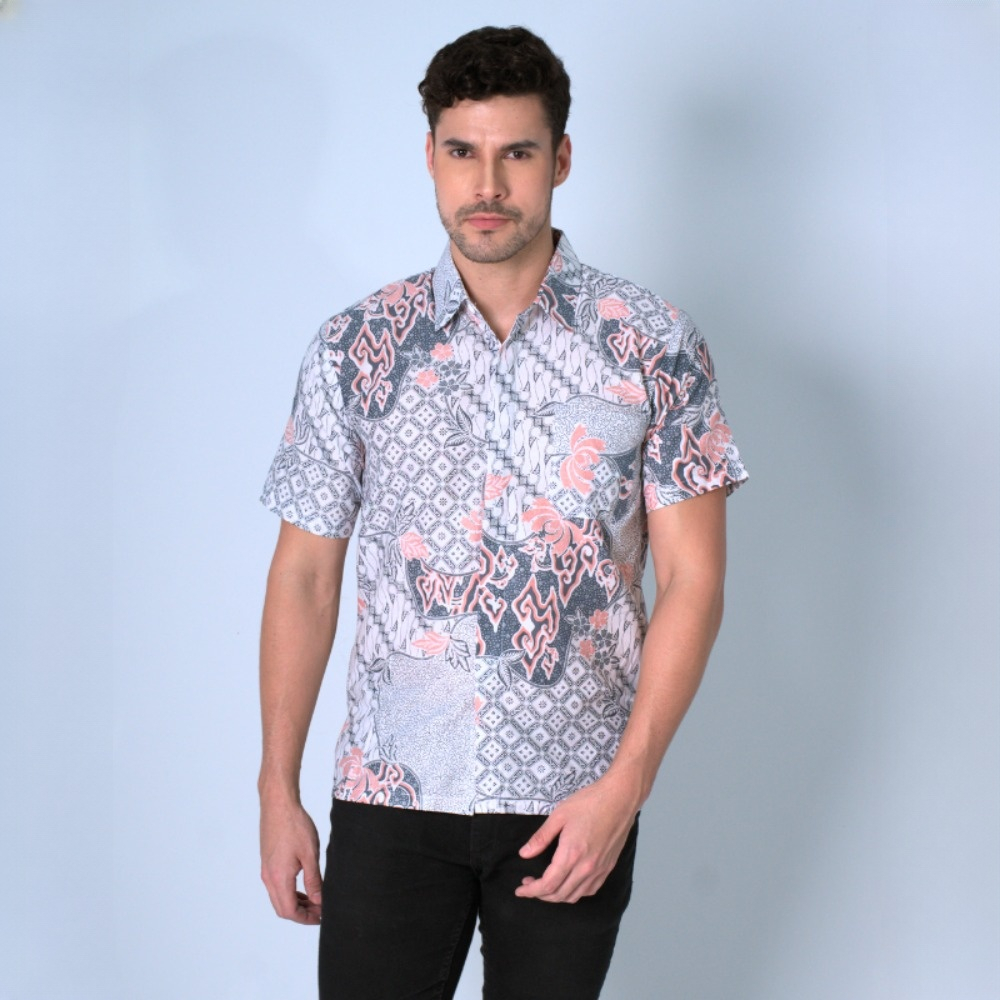 BATIK TRUSMI Kemeja Kondangan Pria Batik Couple Hem Lengan Pendek Motif Mega Mendung Kombinasi Paste