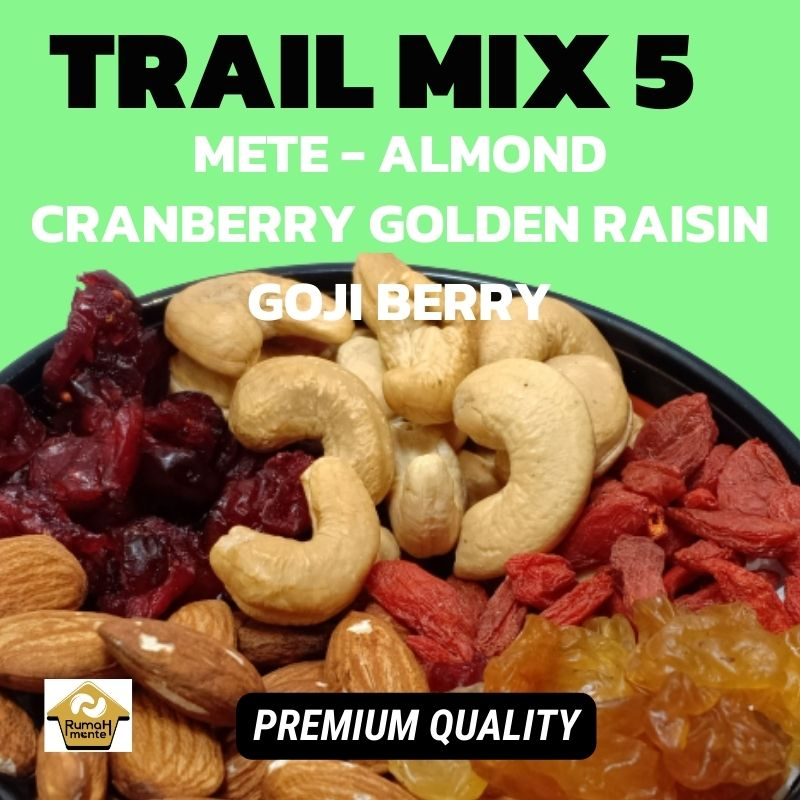 

TRAIL MIX 5 200GR KACANG MEDE KACANG ALMOND CRANBERRY GOJI BERRY GOLDEN RAISIN (CEMILAN DIET)